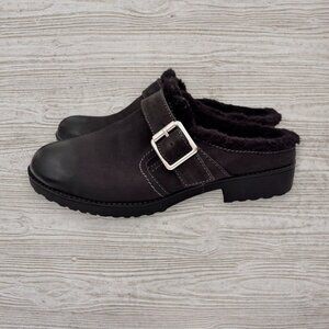 New NATURALIZER Black Leather Slip On Faux Fur Comfort Mules Clogs Womens 8 Wide